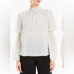 MAX STUDIO Ruffle Mock Neck Long Sleeve Blouse. Ivory/ Black Polka Dot. Small.